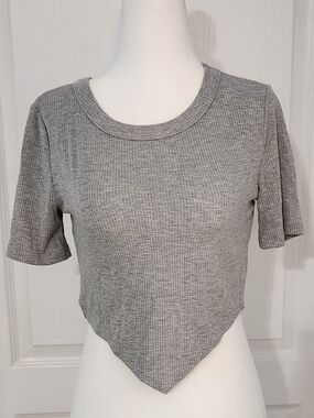 Grey Ribbed Point-Hem Crop Top By Hashttag